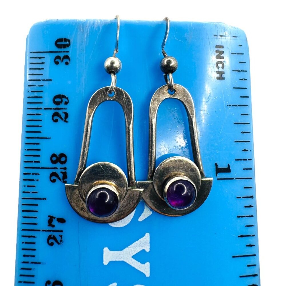 Vintage Sterling Silver & Amethyst Earrings Modernist Design - Picture 3 of 7